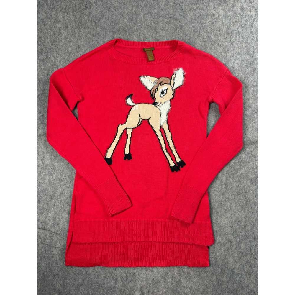 Copper Key Deer Sweater Womens Small Red Cotton Knit High Low Hem Whimsical Chic